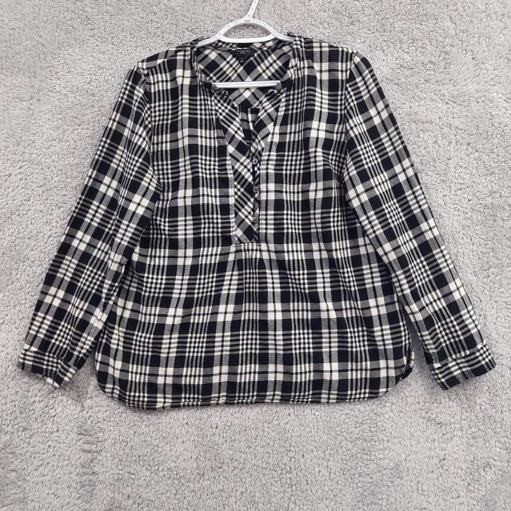 Talbots‎ Top Women's LP Large Petite Black White Popover Plaid Long Sleeves